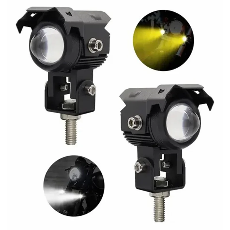 Motorcycle LED Light Dual Color Lens IP67 Waterproof 15W Night Riding Lamp Auxiliary Spotlight Lamp