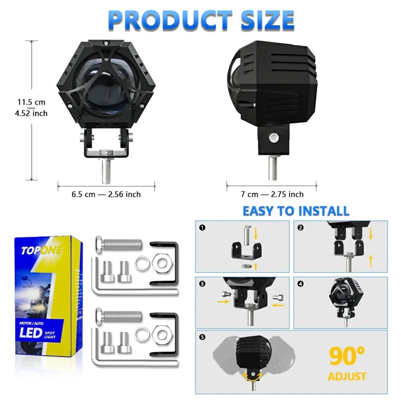 M1 PRO LED Spotlight 10 Lighting Modes IP68 Waterproof Motorcycle Car Headlight for Truck ATV - Black