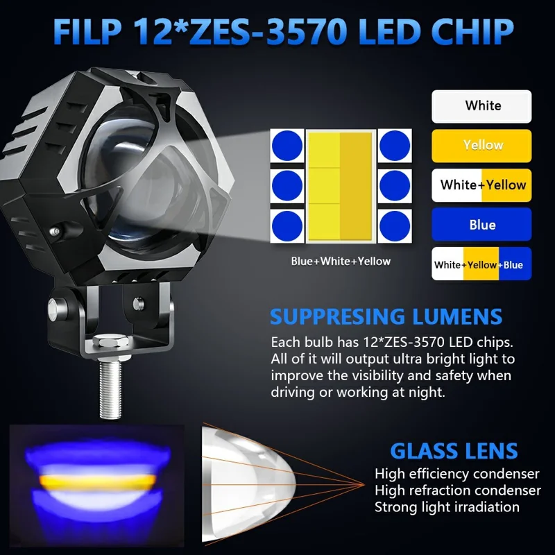 M1 PRO LED Spotlight 10 Lighting Modes IP68 Waterproof Motorcycle Car Headlight for Truck ATV - Black