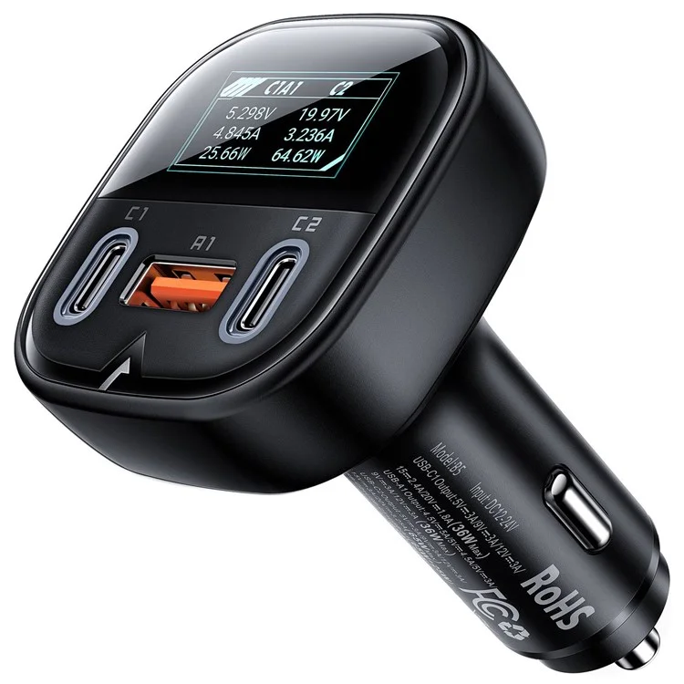 ACEFAST B5 101W 2USB-C+USB-A Carregador de Carro de Metal Carregador de Carro Multiporta com Exibição Inteligente OLED