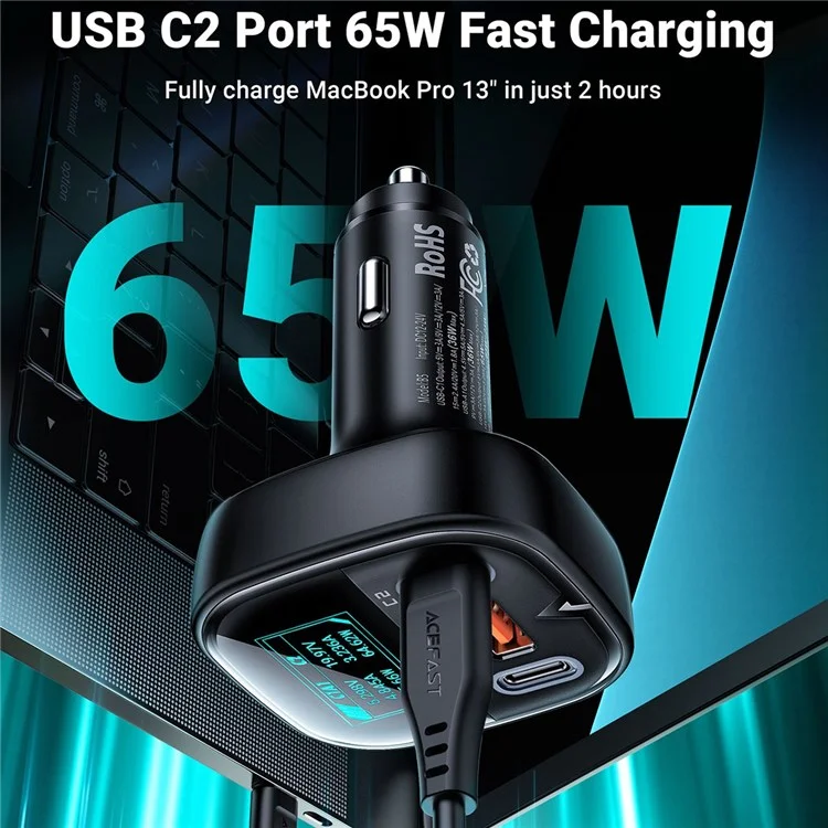 ACEFAST B5 101W 2USB-C+USB-A Carregador de Carro de Metal Carregador de Carro Multiporta com Exibição Inteligente OLED