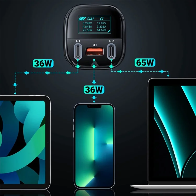 ACEFAST B5 101W 2USB-C+USB-A Carregador de Carro de Metal Carregador de Carro Multiporta com Exibição Inteligente OLED