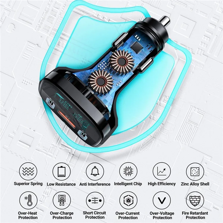ACEFAST B5 101W 2USB-C+USB-A Carregador de Carro de Metal Carregador de Carro Multiporta com Exibição Inteligente OLED