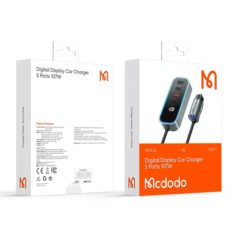 Mcdodo CC-1900 107W Digitalanzeige Usb-a*4+typ-c*1 5-port-auto-ladegerät Mit 1,5 m Kabel, Dunkelgrau