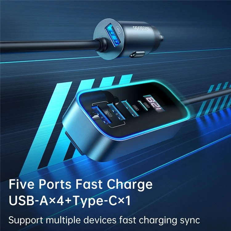 MCDODO CC-1900 107W Digital Display USB-A*4+Type-C*1 5-Port Car Charger with 1.5m Cable, Dark Grey