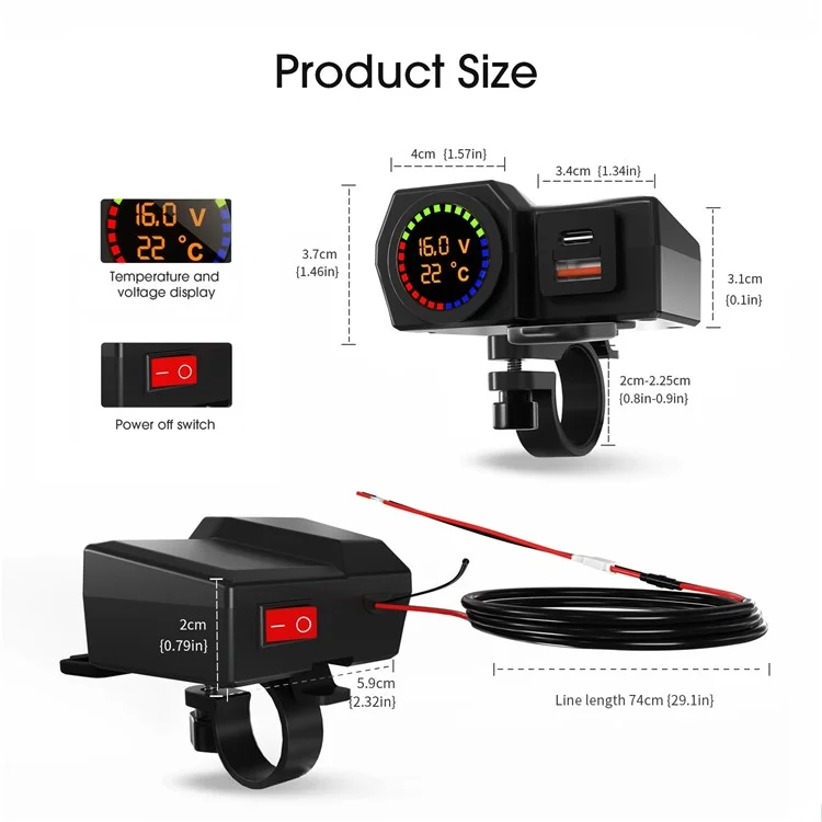 WUPP CS-1747A2 Modificateur de moto Chargeur de téléphone USB+Type-C Affichage numérique de la température de tension Adaptateur de charge rapide PD