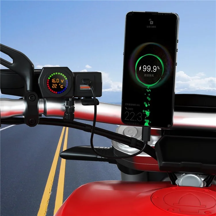 WUPP CS-1747A2 Modificateur de moto Chargeur de téléphone USB+Type-C Affichage numérique de la température de tension Adaptateur de charge rapide PD