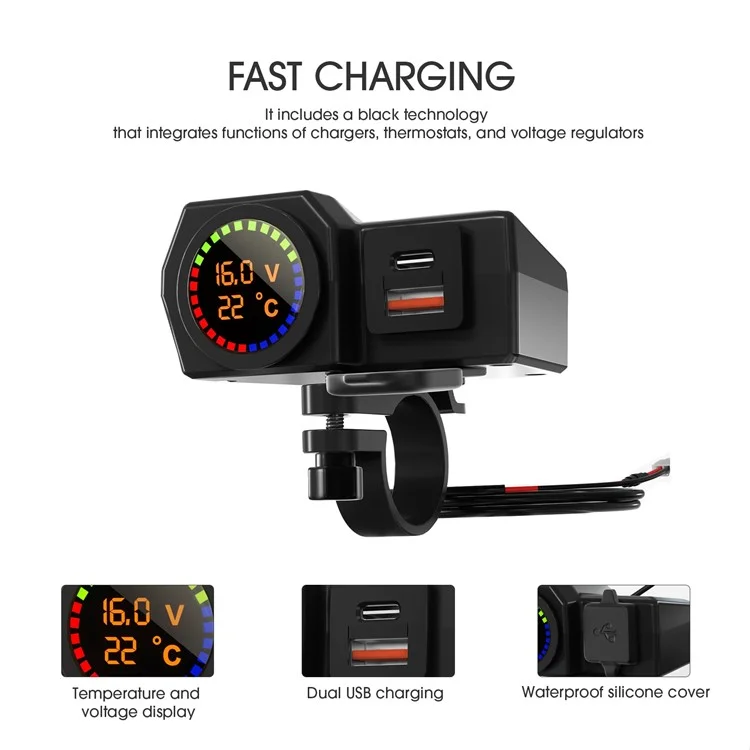 WUPP CS-1747A2 Modificateur de moto Chargeur de téléphone USB+Type-C Affichage numérique de la température de tension Adaptateur de charge rapide PD