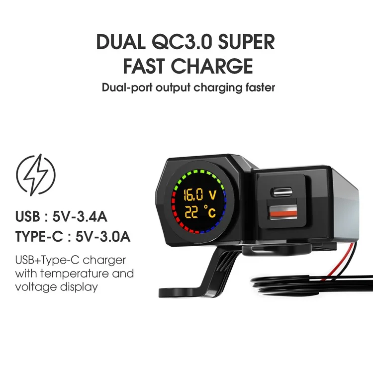 WUPP CS-1747A2 Modificateur de moto Chargeur de téléphone USB+Type-C Affichage numérique de la température de tension Adaptateur de charge rapide PD