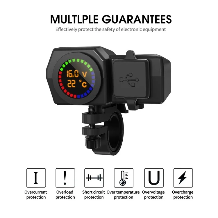WUPP CS-1747A2 Modificateur de moto Chargeur de téléphone USB+Type-C Affichage numérique de la température de tension Adaptateur de charge rapide PD