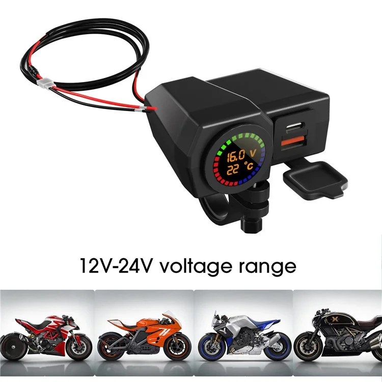 WUPP CS-1747A2 Modificateur de moto Chargeur de téléphone USB+Type-C Affichage numérique de la température de tension Adaptateur de charge rapide PD