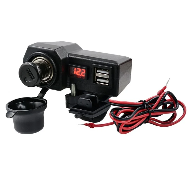 CS-1072B1 10-24V Motorcycle Dual USB Charger+Voltmeter+Cigarette Lighter Head Waterproof Multifunction Phone Charging Adapter