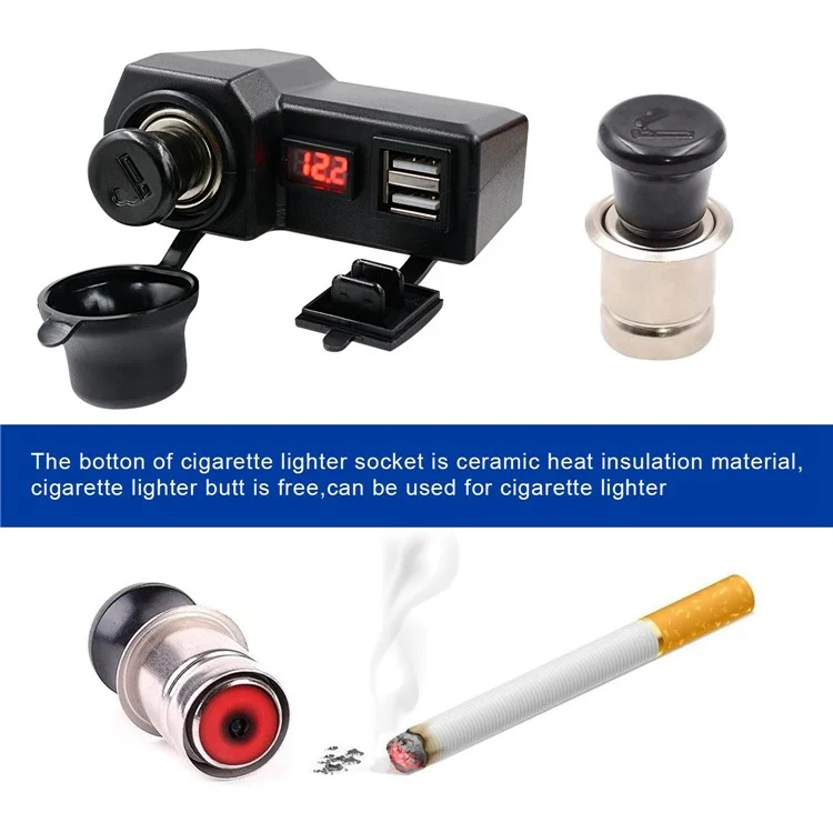 CS-1072B1 10-24V Motorcycle Dual USB Charger+Voltmeter+Cigarette Lighter Head Waterproof Multifunction Phone Charging Adapter