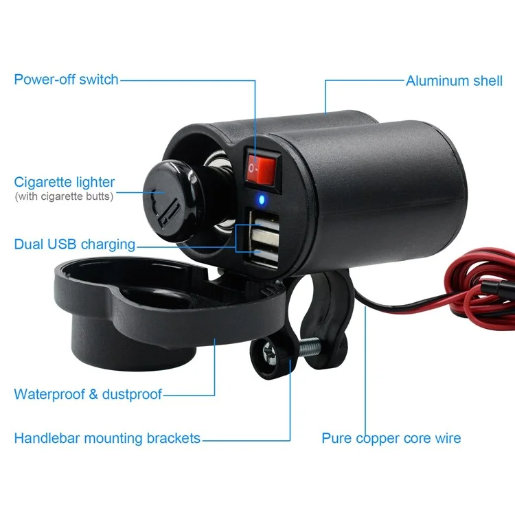 CS-313F1 12-24V Motorcycle Modify Dual USB Charger Waterproof Phone Charging Adapter with Cigarette Lighter Head and Switch