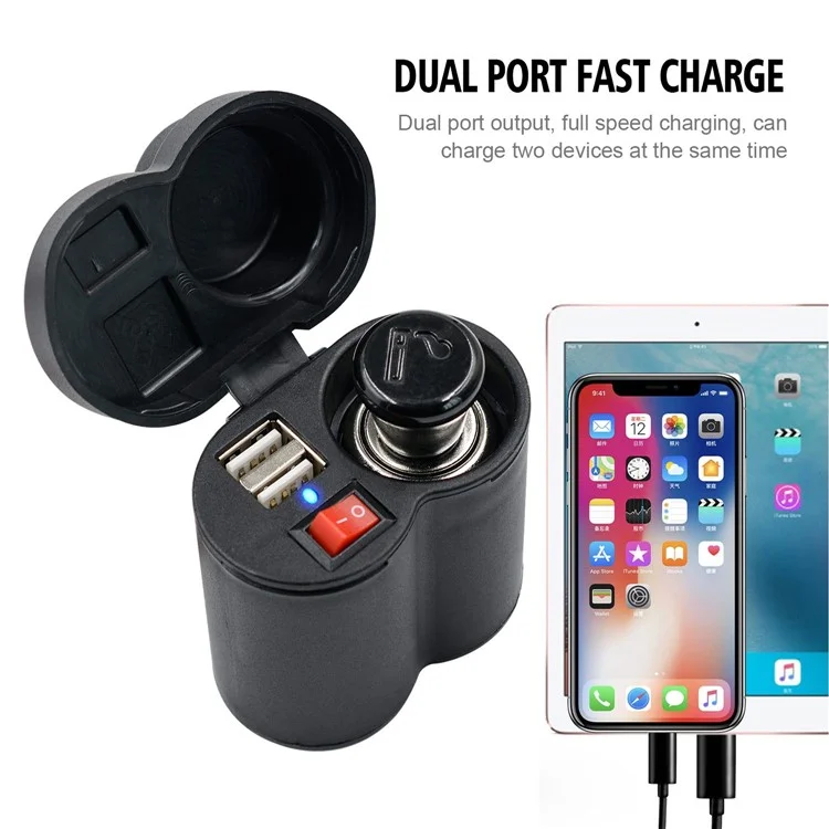 CS-313F1 12-24V Motorcycle Modify Dual USB Charger Waterproof Phone Charging Adapter with Cigarette Lighter Head and Switch