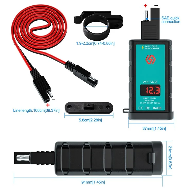 ZH-1422B2 Мотоциклевого Руля Зарядного Устройства USB+Type-C Adapter Adapter Adapter, с Дисплеем Вольтметра и 1-метровым Удлинительным Кабелем SAE