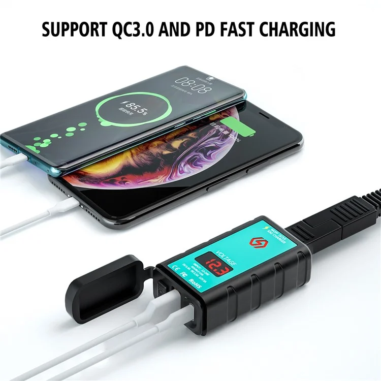 ZH-1422B2 Chargeur USB + Port Type-C pour guidon de moto, avec affichage voltmètre et câble d'extension SAE de 1 m