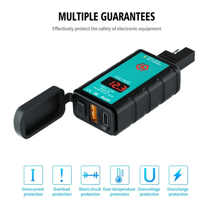ZH-1422B2 Chargeur USB + Port Type-C pour guidon de moto, avec affichage voltmètre et câble d'extension SAE de 1 m
