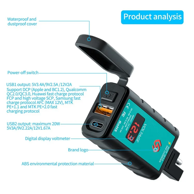 ZH-1422B2 Мотоциклевого Руля Зарядного Устройства USB+Type-C Adapter Adapter Adapter, с Дисплеем Вольтметра и 1-метровым Удлинительным Кабелем SAE