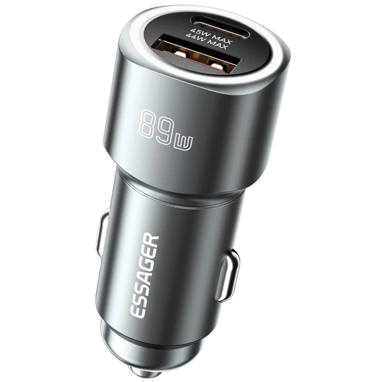 ESSAGER 89W Super Flash Charge USB+Type-C Car Charger Aluminum Alloy Adapter - Cinza