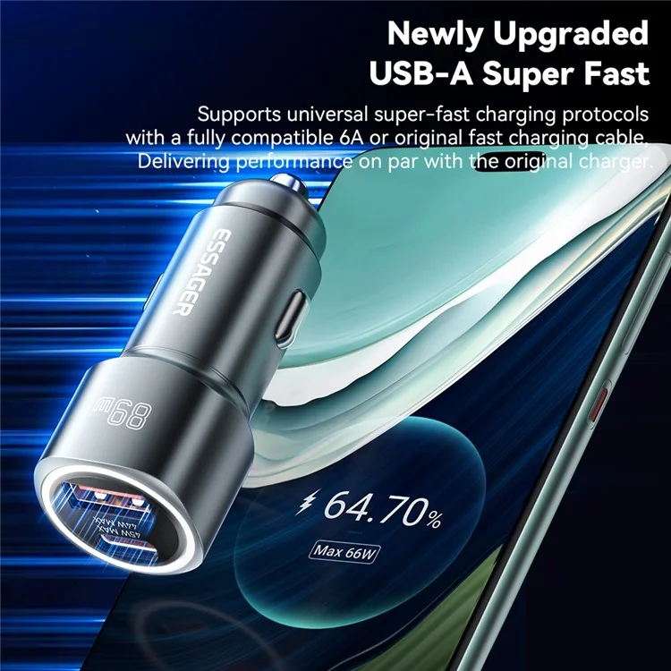 ESSAGER 89W Super Flash Charge USB+Type-C Car Charger Aluminum Alloy Adapter - Cinza