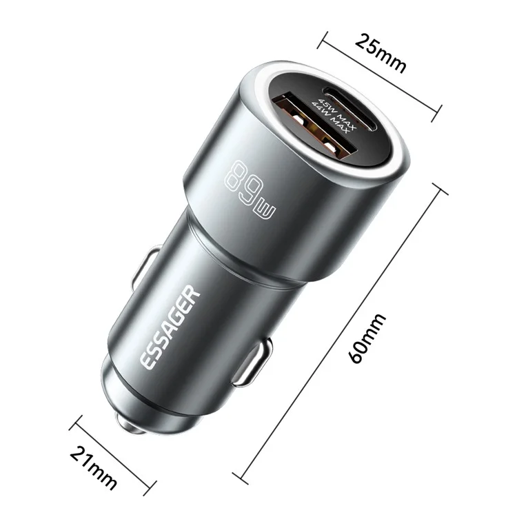 ESSAGER 89W Super Flash Charge USB+Type-C Car Charger Aluminum Alloy Adapter - Cinza
