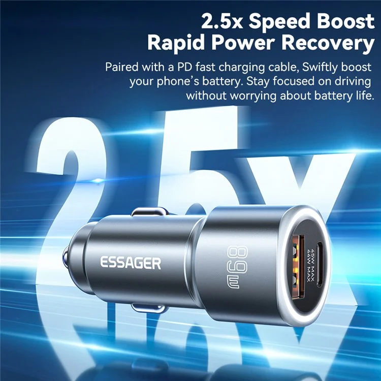 ESSAGER 89W Super Flash Charge USB+Type-C автомобильное зарядное устройство из алюминиевого сплава - черный