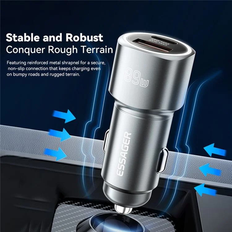 ESSAGER 89W Super Flash Charge USB+Type-C автомобильное зарядное устройство из алюминиевого сплава - черный