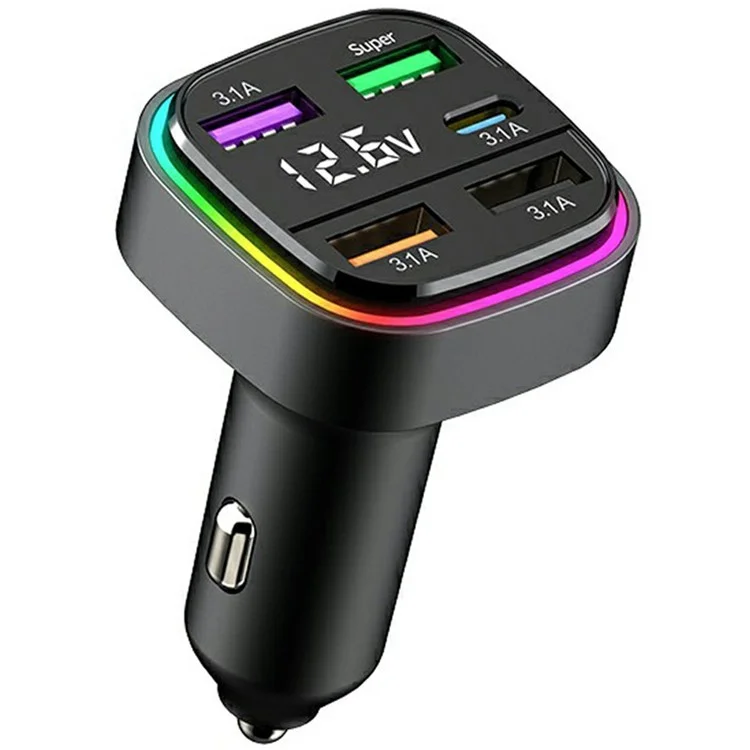 K34 Caricatore USB per Auto a 5 Porte (4 USB + Type C) Adattatore per Accendisigari con Display LED - Nero
