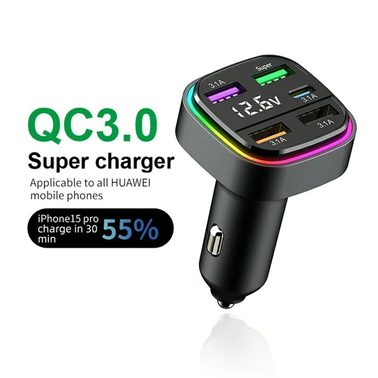 K34 Caricatore USB per Auto a 5 Porte (4 USB + Type C) Adattatore per Accendisigari con Display LED - Nero