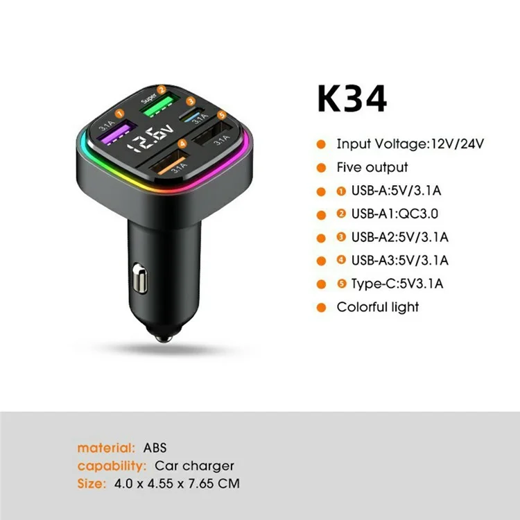 K34 Caricatore USB per Auto a 5 Porte (4 USB + Type C) Adattatore per Accendisigari con Display LED - Nero