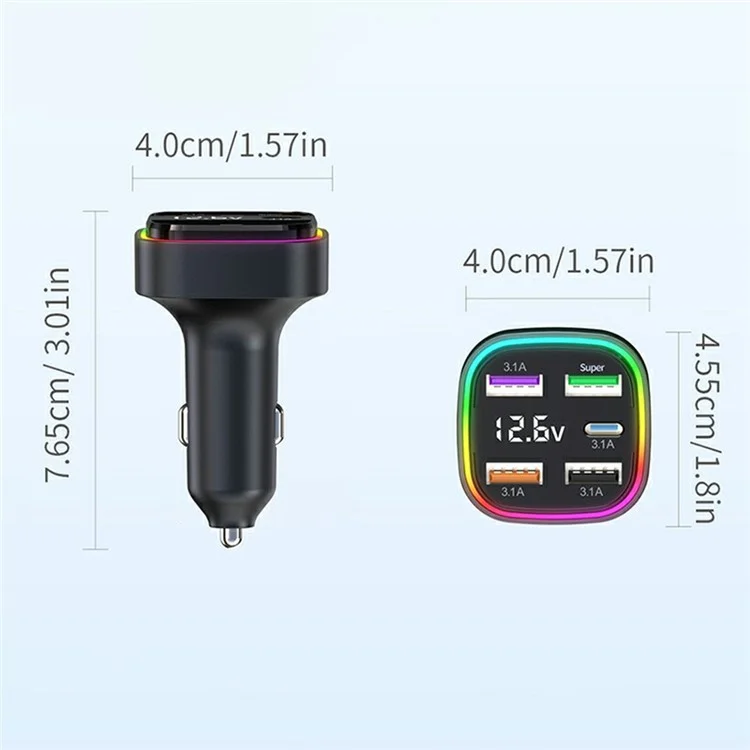 K34 Caricatore USB per Auto a 5 Porte (4 USB + Type C) Adattatore per Accendisigari con Display LED - Nero