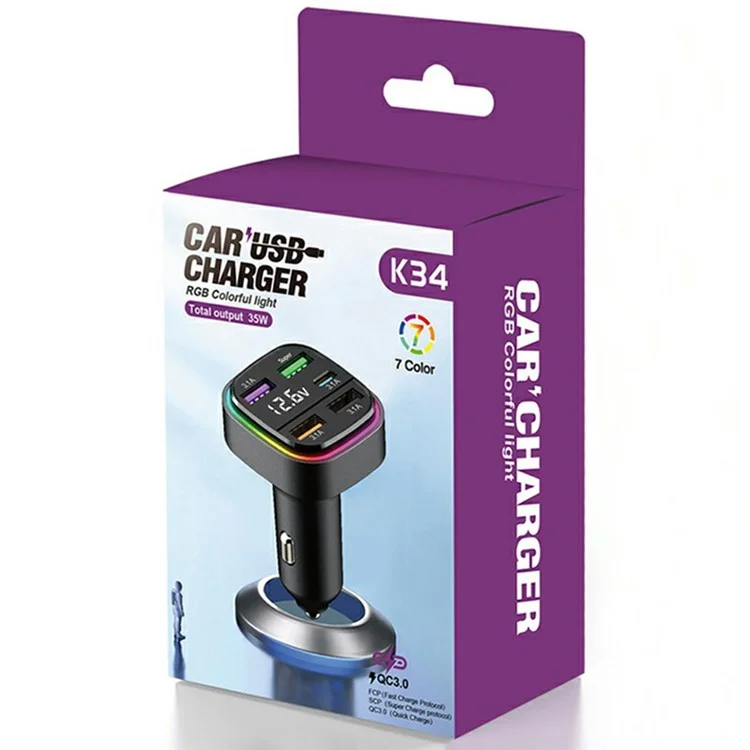 K34 Caricatore USB per Auto a 5 Porte (4 USB + Type C) Adattatore per Accendisigari con Display LED - Nero