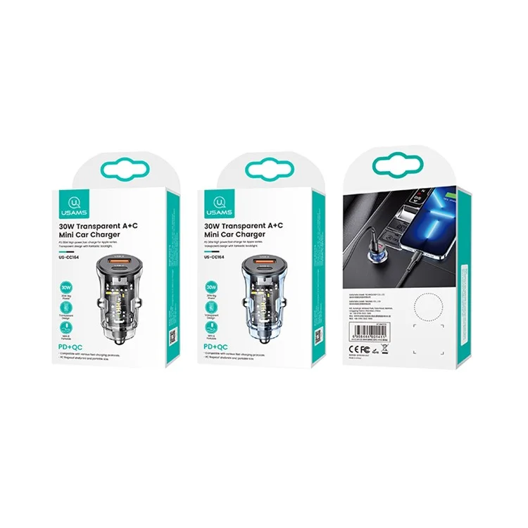 USAMS US-CC164 C32 PD 30W Fast Charger Transparent USB-A + Type-C Mini Car Charger with Blue Backlight - Black