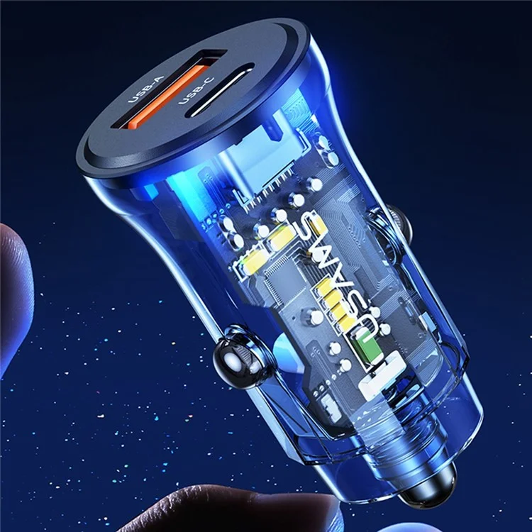 USAMS US-CC164 C32 PD 30W Fast Charger Transparent USB-A + Type-C Mini Car Charger with Blue Backlight - Black