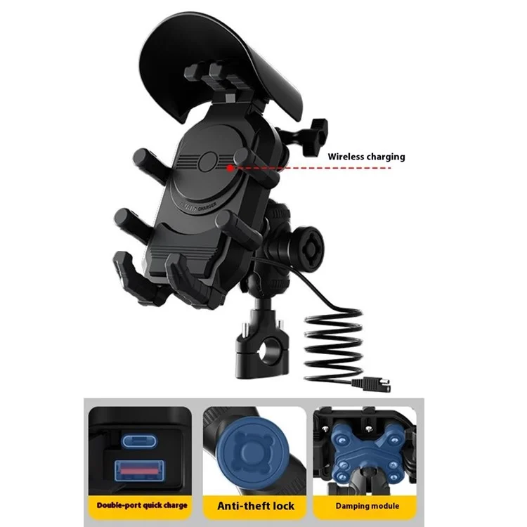 WUPP CS-2056A2 Motorcycle Phone Holder Wireless Charging Phone Stand, Handlebar Mount