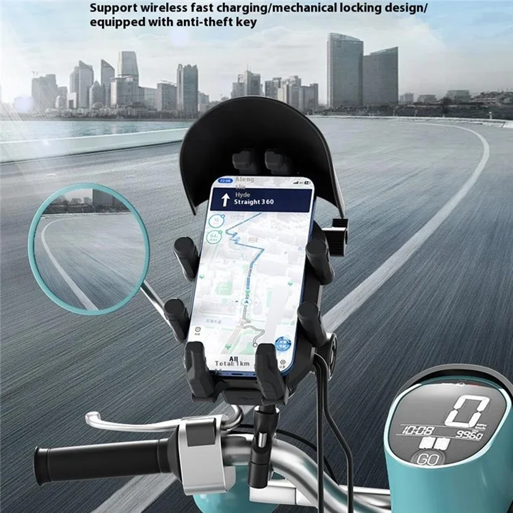 WUPP CS-2056A2 Motorcycle Phone Holder Wireless Charging Phone Stand, Handlebar Mount