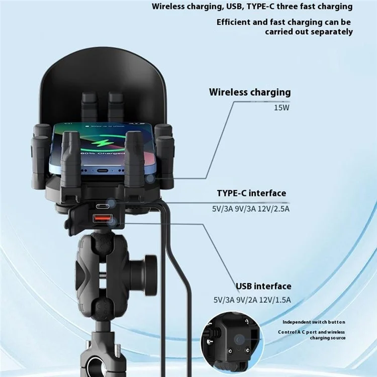 WUPP CS-2056A2 Motorcycle Phone Holder Wireless Charging Phone Stand, Handlebar Mount
