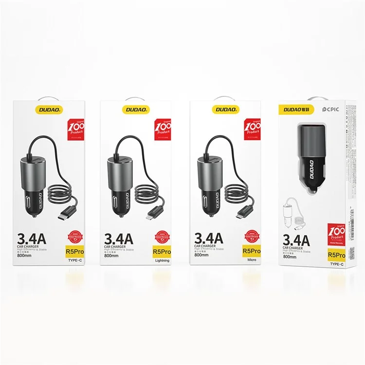 DUDAO R5Pro 3.4A USB Phone Charging Adapter Car Charger with Built-In Cable - Type-C Cable