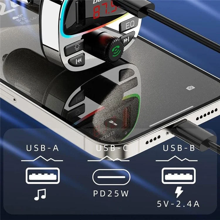 DUDAO R2Pro+ Farbiges Licht Bluetooth Freisprecheinrichtung Auto-Kit MP3-Player PD Typ-C + Dual-USB-Autoladegerät