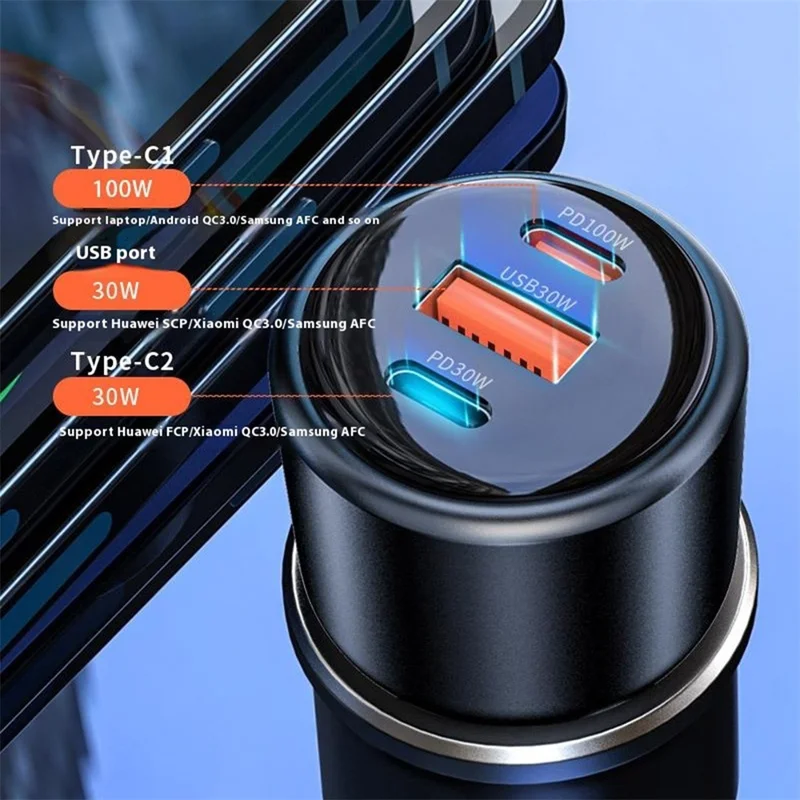 USB + Dual Type-C Phone Fast Charging Adapter PD 100W + PD 30W Aluminum Alloy Car Charger