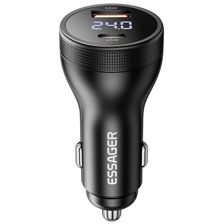 ESSAGER USB A + Type C Autoladegerät 100W Super Schnellladung Adapter mit digitaler Anzeige - Schwarz