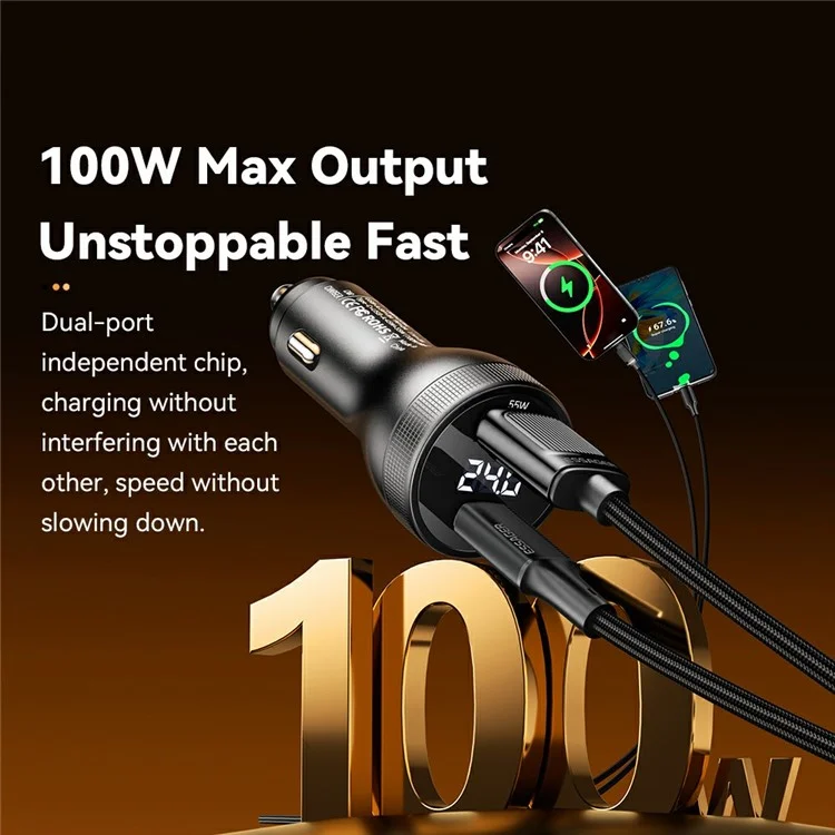 ESSAGER USB A + Type C Autoladegerät 100W Super Schnellladung Adapter mit digitaler Anzeige - Schwarz