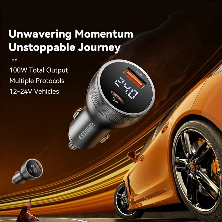 ESSAGER USB A + Type C Autoladegerät 100W Super Schnellladung Adapter mit digitaler Anzeige - Schwarz