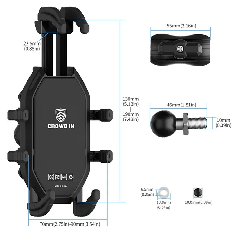 Support de téléphone moto WUPP CS-2072C1 avec tête rotative à boule M10 et système anti-vol