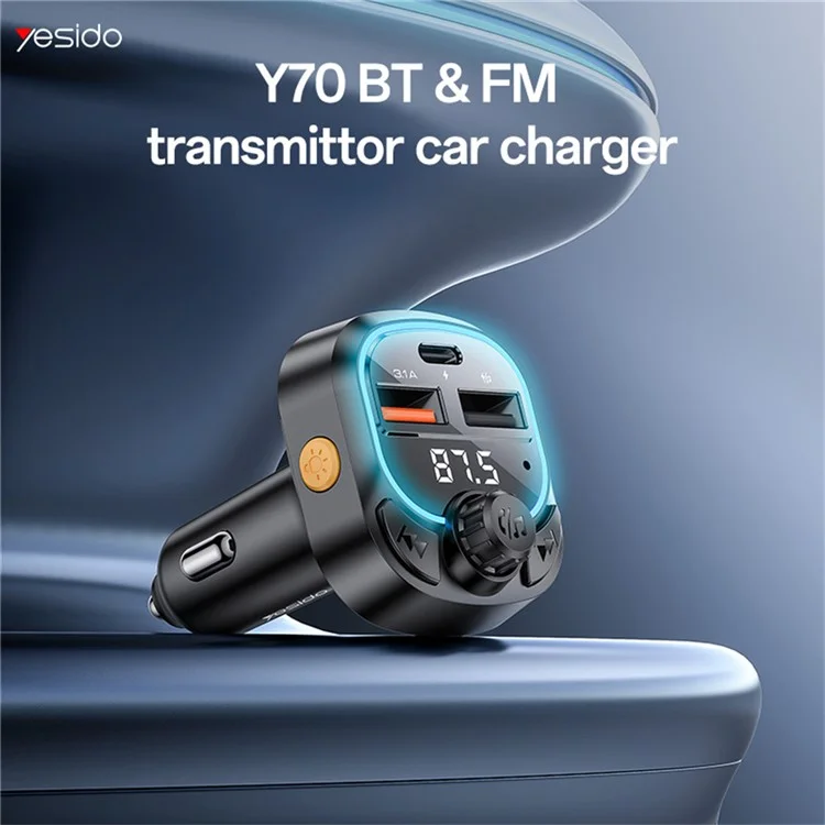 YESIDO Y70 Bluetooth-compatible 5.3 FM Transmitter Car Charger Hands Free Calling MP3 Player
