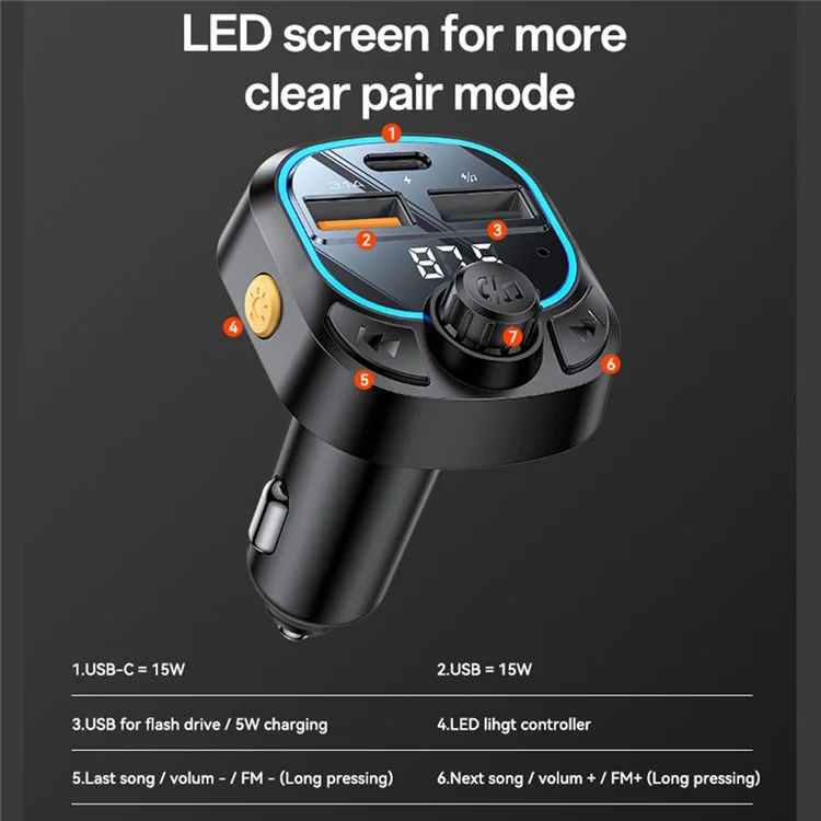 YESIDO Y70 Bluetooth-compatible 5.3 FM Transmitter Car Charger Hands Free Calling MP3 Player