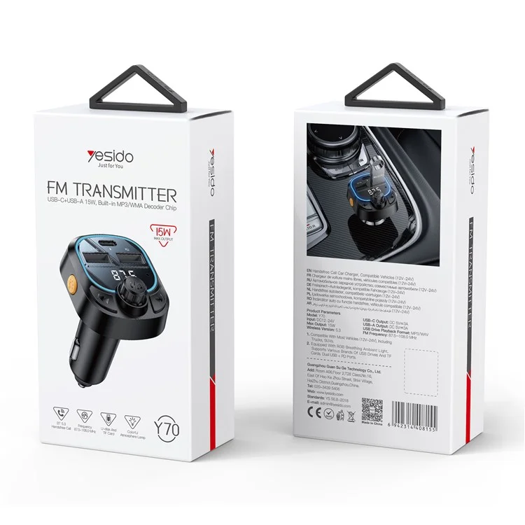 YESIDO Y70 Bluetooth-compatible 5.3 FM Transmitter Car Charger Hands Free Calling MP3 Player