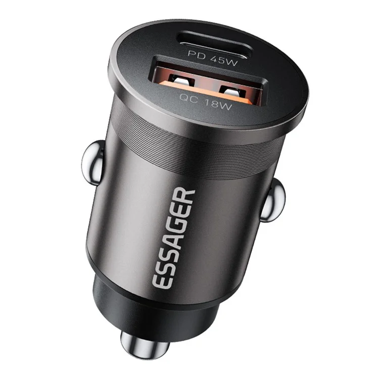 ESSAGER ES-CC15 Cargador de Coche de 45W con Doble Puerto USB-A + Tipo C, Carga Rápida, Toma para Mechero - Gris
