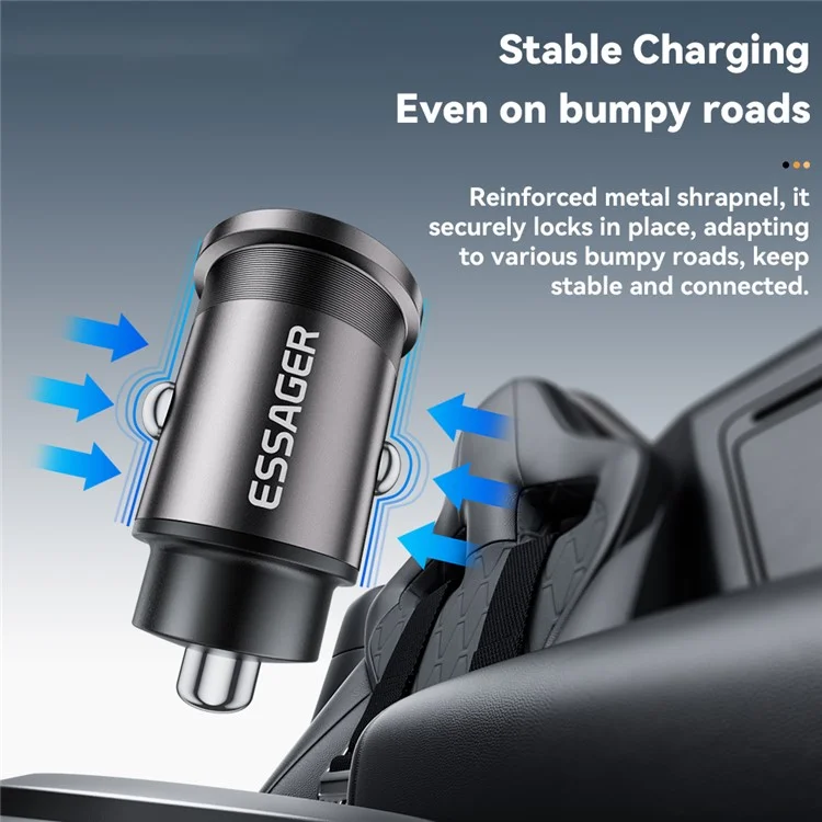 ESSAGER ES-CC15 Cargador de Coche de 45W con Doble Puerto USB-A + Tipo C, Carga Rápida, Toma para Mechero - Gris